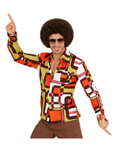 Jaren 70 disco hemd Groovy vlakken, retro seventies overhemd heren vooraanzicht