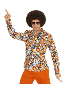 Jaren 70 disco hemd Groovy rondjes, retro seventies overhemd heren vooraanzicht
