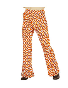 Jaren 70 disco broek heren geruit, retro flared hippie broek vooraanzicht