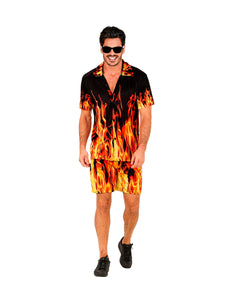 Zomer party set Flames heren - Hawaii blouse en short met vlammenprint
