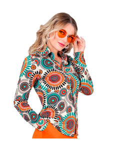 Jaren 70 shirt vintage dames - kleurrijke retro hippie discoblouse met vintage print