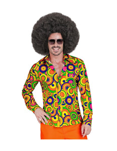 Jaren 70 shirt groovy cirkels heren - geel hippie discoshirt met cirkelprint