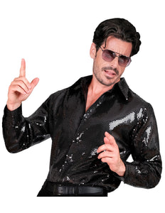 Paillettenshirt heren Marco zwart - zwart glitter discoshirt met pailletten