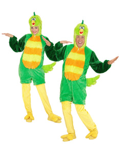 Groene vogel pluche pak met masker, zachte dieren onesie met kap vooraanzicht
