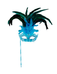 Widmann SRL Azur blauwe oogmasker met veren op stokje