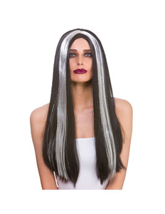 Wicked Costumes Zwarte pruik Rita lang haar en zilveren highlights