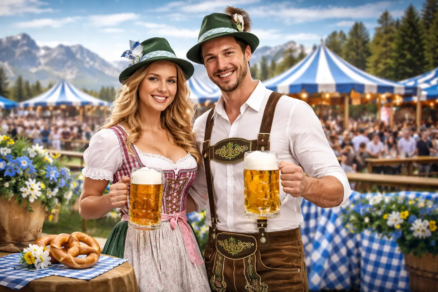 Oktoberfest kleding met dirndl en lederhosen