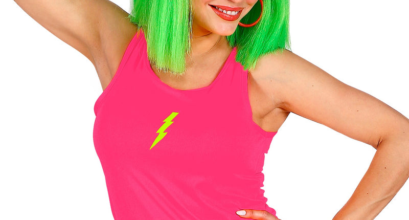 Neon roze tanktop dames, fout jaren 80 disco hemdje vooraanzicht