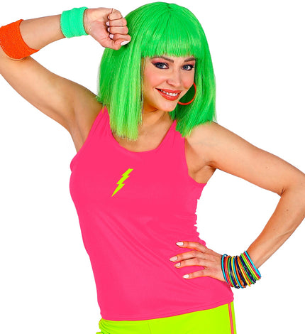 Neon roze tanktop dames, fout jaren 80 disco hemdje vooraanzicht
