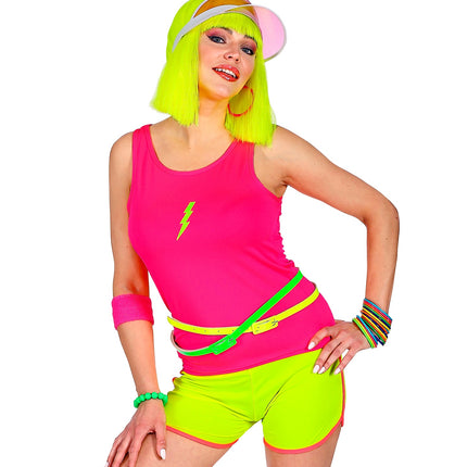 Neonroze mouwloos shirt gedragen, fluo jaren 80 party top dames