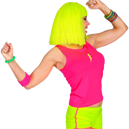 Neon roze tanktop detail, fout feest disco kleding jaren 80