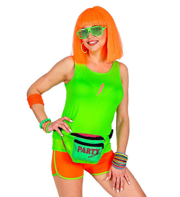 Neongroen mouwloos shirt gedragen, fluo jaren 80 party top dames