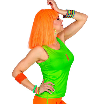 Neon groene tanktop detail, fout feest disco kleding jaren 80