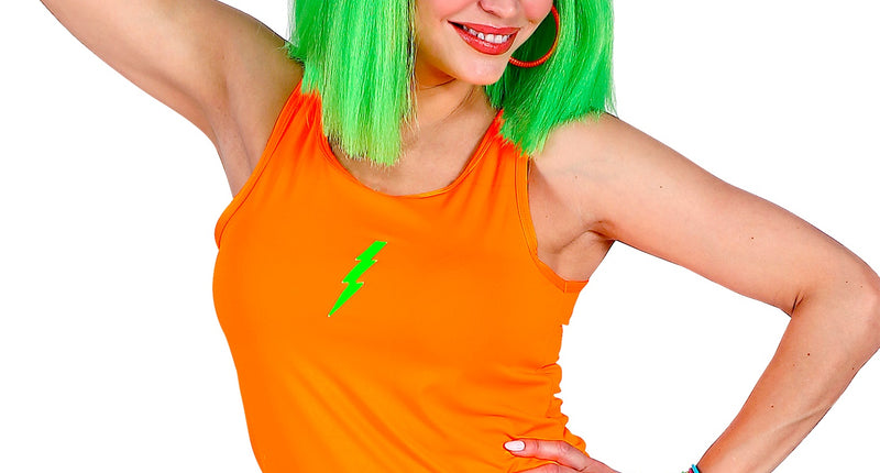 Neon oranje tanktop dames, fout jaren 80 disco hemdje vooraanzicht