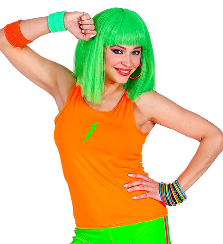 Neon oranje tanktop dames, fout jaren 80 disco hemdje vooraanzicht