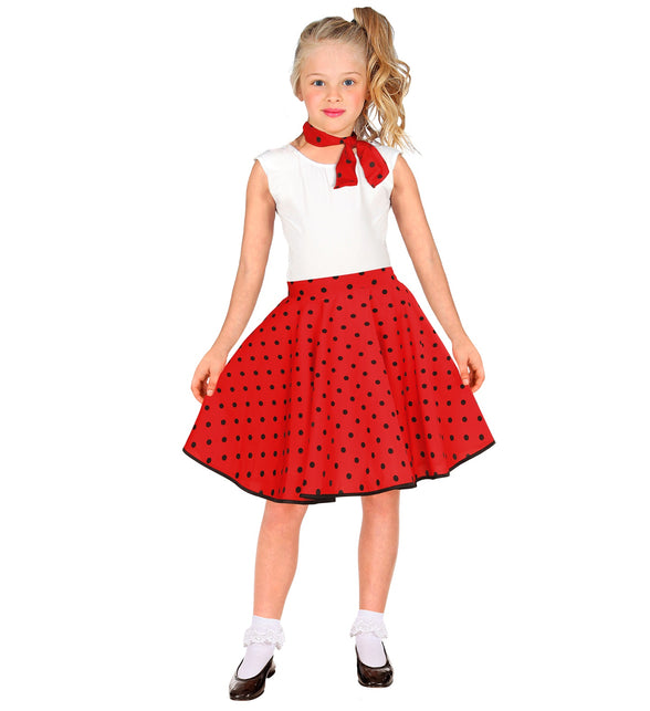 Jaren 50 polka dot rok rood Holly detail - rockabilly fifties rok met stippen