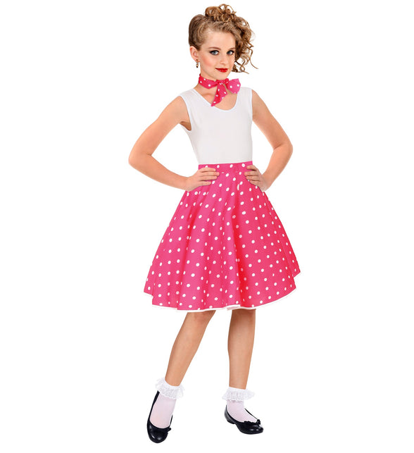 Holly jaren 50 rok roze kind gedragen - polka dot rock n roll rok meisjes