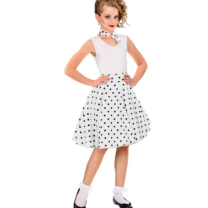 Holly jaren 50 rok kind gedragen - witte polka dot rock n roll rok meisjes