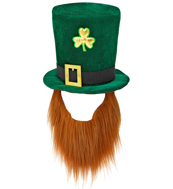 Hoge hoed leprechaun met baard, groen met zwarte band, gouden gesp en klaver, voor St Patrick's Day
