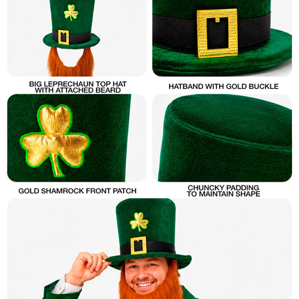 Hoge hoed met baard leprechaun voor heren close-up – verkleedkleding