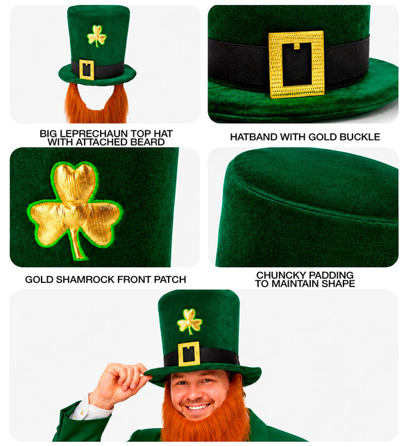 Detailfoto's leprechaun hoed: gouden klaverapplicatie, zwarte hoedband met gesp en stevige bol