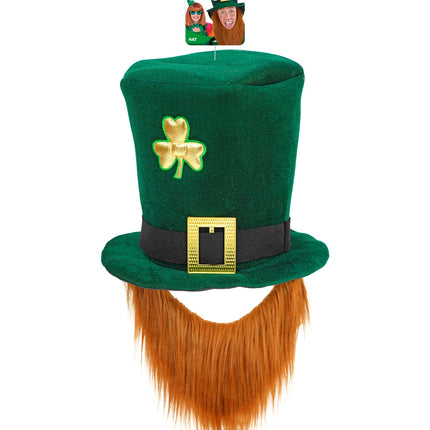 Hoge hoed met baard leprechaun voor heren zijaanzicht – verkleedkleding
