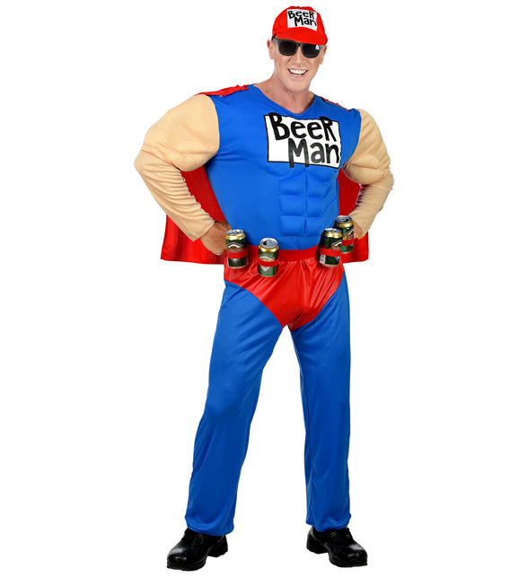 Superman bierman pak met spierprint cape en blikhouder, foute party heren kostuum vooraanzicht