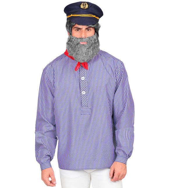 Matrozen shirt heren met staande kraag en witte knopen, vooraanzicht op model