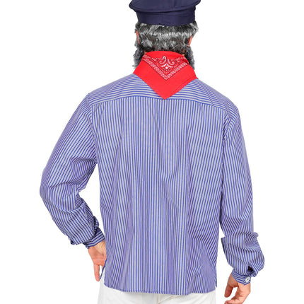Matrozen shirt heren achterkant met fijne blauw-witte streep en schoudernaad