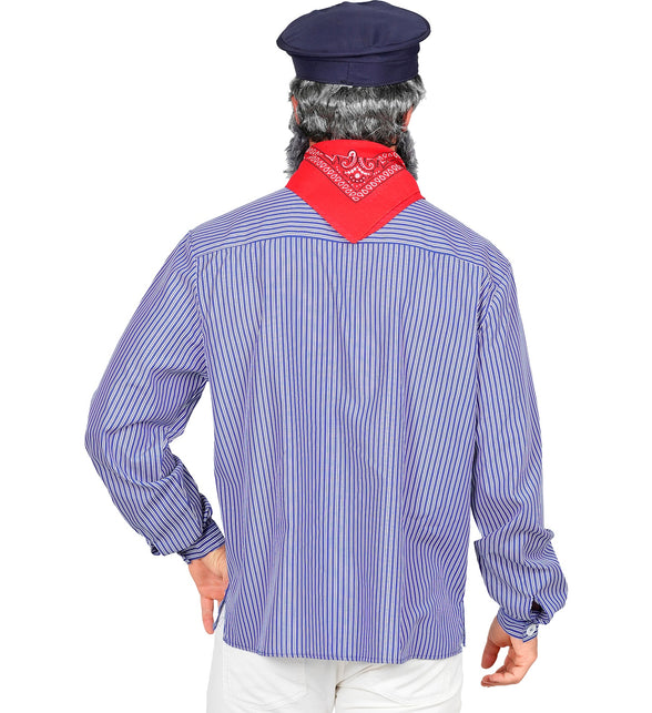 Matrozen shirt heren achterkant met fijne blauw-witte streep en schoudernaad