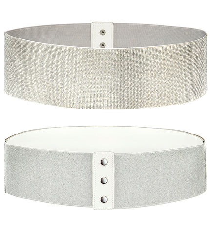Strass riem dames zilver, brede tailleband met glinsterende steentjes en witte drukknoopsluiting