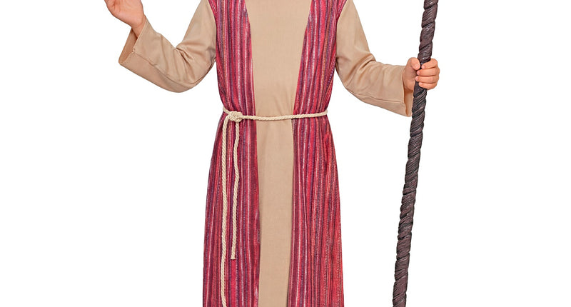 Herder tuniek voor jongens, beige gewaad met rood gestreepte banen en hoofddoek, voor het kerstspel