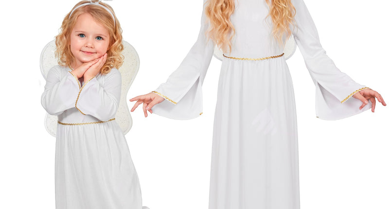 Engel jurk voor meisjes in wit met gouden bies, glitter vleugels en halo, in twee kindermaten