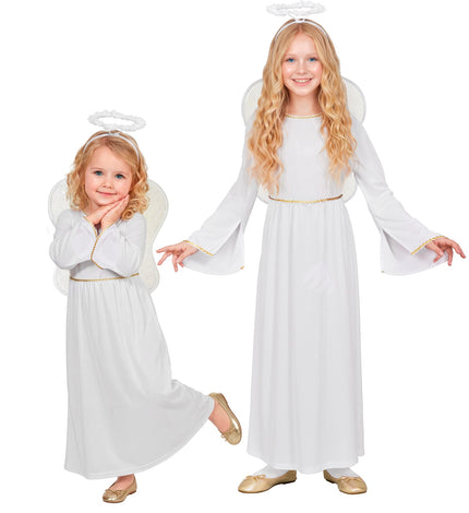 Engel jurk voor meisjes in wit met gouden bies, glitter vleugels en halo, in twee kindermaten