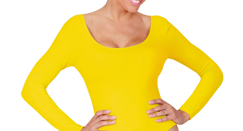 Gele body met lange mouwen en knoopsluiting voor dames, vooraanzicht met diepe ronde hals