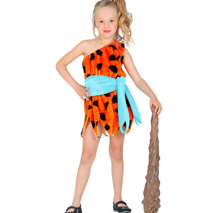 Oermens verkleedjurk kind met luipaardprint detail, steentijd carnaval meisje