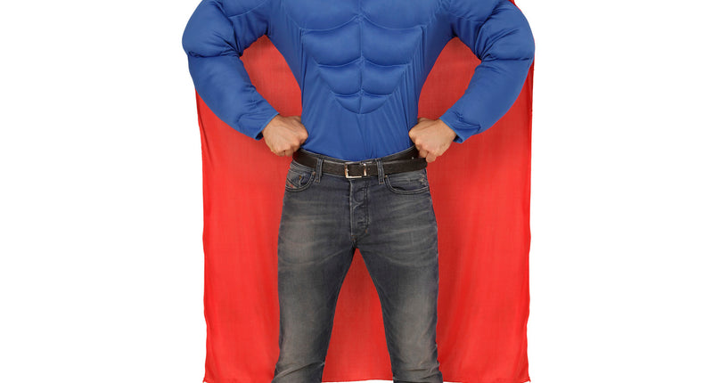 Superheld spierballen shirt met cape, super muscle held kostuum vooraanzicht