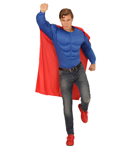 Spierballen superheld shirt achterkant, muscle held kostuum met cape detail