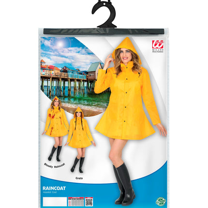 Gele regenjas Greta achterkant - gele regenmantel met capuchon dames