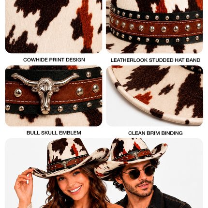 Detailfoto cowboyhoed: koeienhuidprint, studs, stierenkop en afgebiesde rand