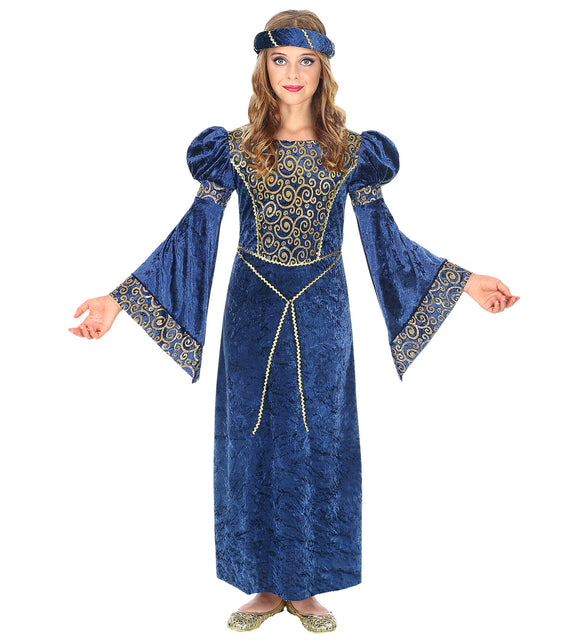Middeleeuwse renaissance verkleedjurk kind blauw, edelvrouw outfit meisje