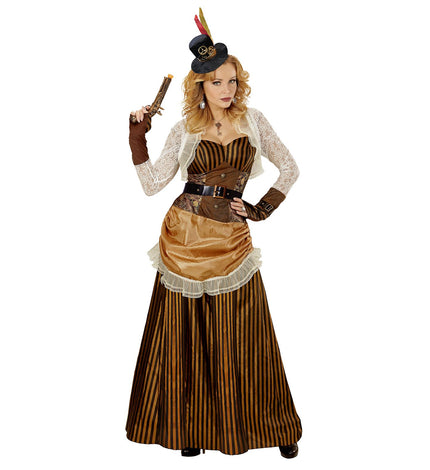 Steampunk jurk dames met riem en minihoed, victoriaans gothic kostuum vooraanzicht