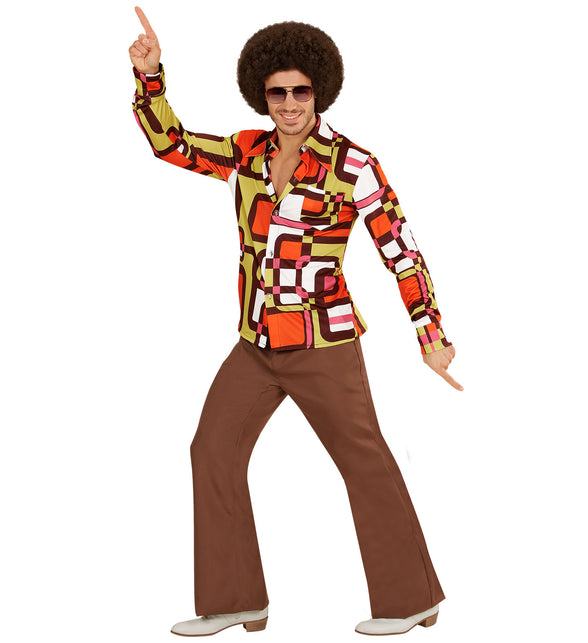 Disco hemd jaren 70 vlakkenprint achterkant, retro groovy overhemd detail