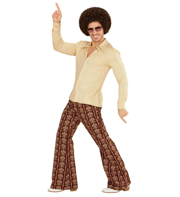 Beige disco hemd jaren 70 gedragen, retro groovy seventies overhemd heren