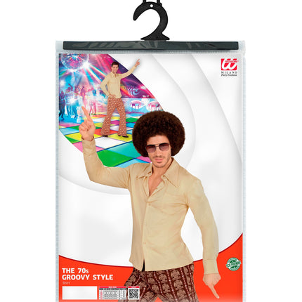 Jaren 70 disco hemd beige Groovy compleet, retro seventies overhemd heren