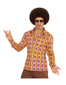 Jaren 70 disco hemd Groovy langspeelplaat, retro seventies overhemd heren vooraanzicht