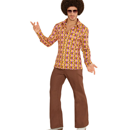 Disco hemd jaren 70 platenprint achterkant, retro groovy overhemd detail