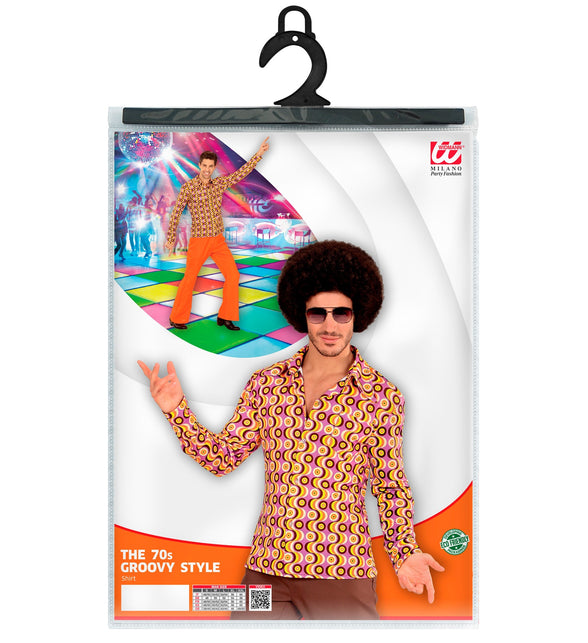 Jaren 70 disco hemd Groovy langspeelplaat compleet, retro seventies overhemd heren