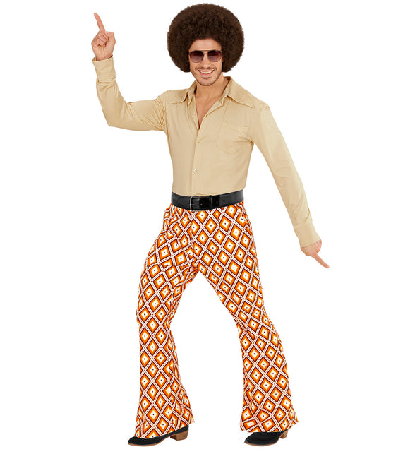 Geruite disco broek jaren 70 achterkant, retro wijde pijpen hippie detail
