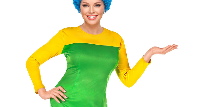 Simpson jurkje Marge met pruik, blauwe comics cartoon kostuum dames vooraanzicht